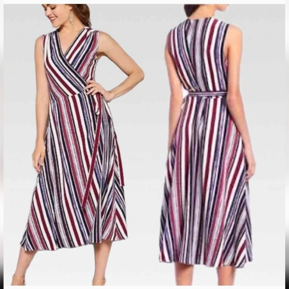 ALEX MARIE Cassie Striped V-Neck Crepe True Wrap Midi Dress Purple 6 - Picture 5 of 5